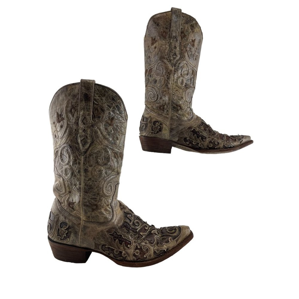 Men's Corral Vintage Brown Caiman Inlay Snip Toe Western Boots Size 9.5 EE *WIDE